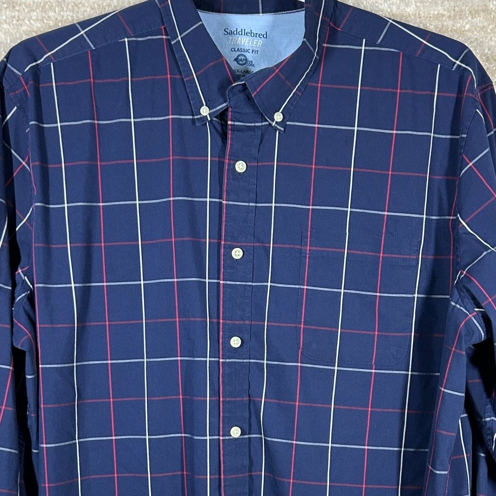 Saddlebred Traveler Shirt Mens XXL Navy Grid Plaid Stretch Classic Fit Button